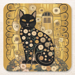 Goldene dekorative Gustav-Klimt-Style-Schwarze-Kat Rechteckiger Pappuntersetzer