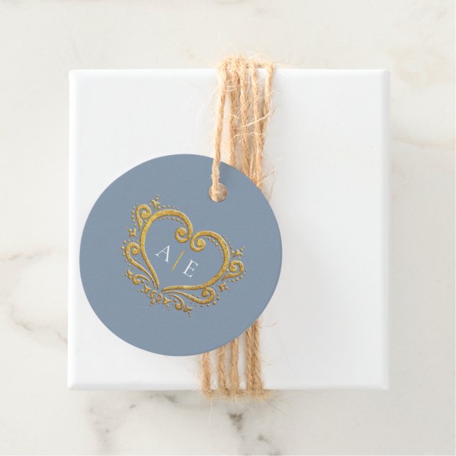 Goldene dekorative Herz-Monogram-Dusty Blue Geschenkanhänger (Beispiel)