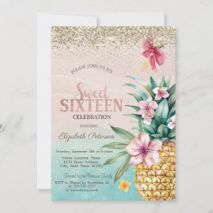 Goldene Diamanten, Florale Ananas Strand Sweet 16 Einladung