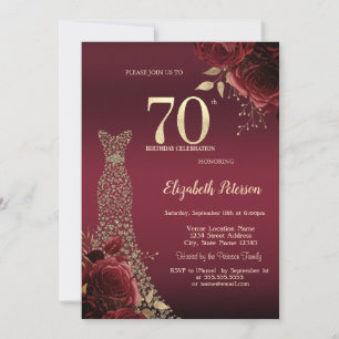 Goldene Diamanten Kleid Rote Rosen 70. Geburtstag Einladung