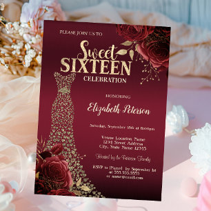 Goldene Diamantenkleid Rote Rosen Sweet 16 Einladung