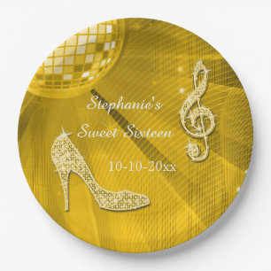 Goldene Disco-Kugel und High Heels Sweet Sixteen Pappteller