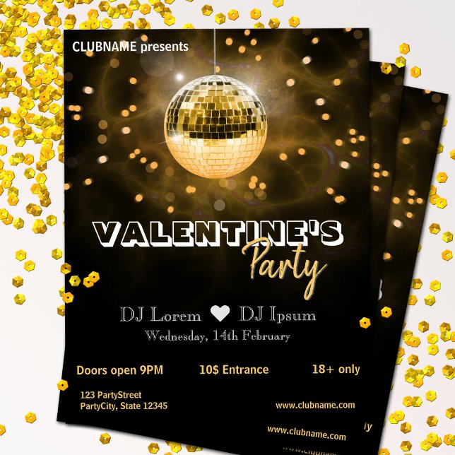 Goldene Disco-Kugel Valentinstag Party Flyer (Von Creator hochgeladen)