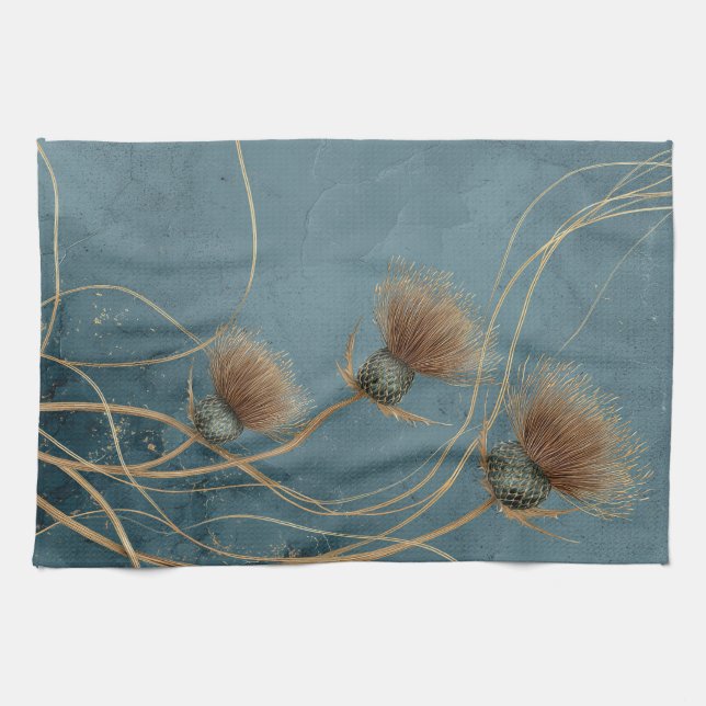 Goldene Distel Teal Blaue Textur Eleganz Geschirrtuch (Horizontal)