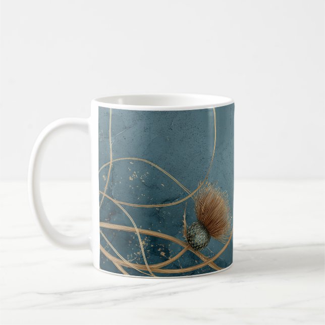 Goldene Distel Teal Blaue Textur Eleganz Kaffeetasse (Links)