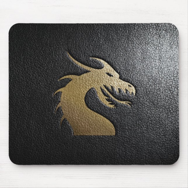 Goldene Drache-Silhouette auf schwarzem Leder Mousepad (Vorne)