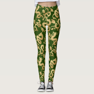 Goldene Drachen Muster D Grüner Hintergrund Leggings