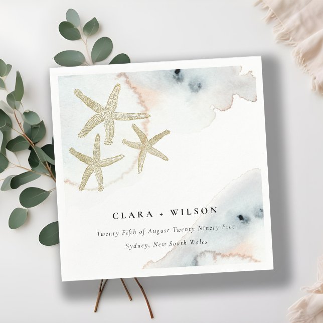 Goldene Dusky Blue Beachy Starfish Wasserfarbenhoc Serviette (Von Creator hochgeladen)