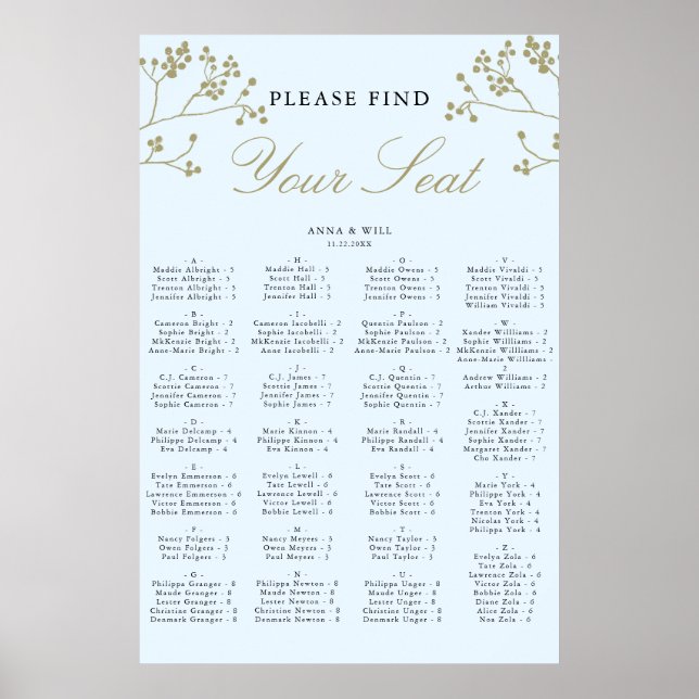 Goldene EisWinter Hochzeit Alphabetische Sitzkarte Poster (Vorne)