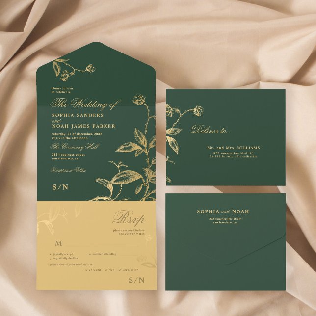 Goldene, elegante botanische Hochzeit All In One Einladung (Von Creator hochgeladen)
