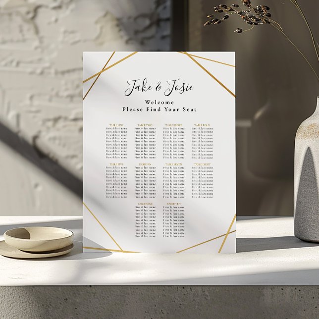 Goldene, elegante Hochzeitsstichtabelle Poster (Gold geometric border around a wedding reception seating arrangement guide. Bride and groom names.)