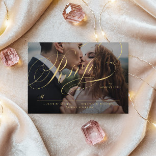 Goldene elegante klassische Kalligrafie Foto-Hochz RSVP Karte