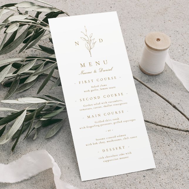 Goldene, elegante, monogramm-Hochzeit Menükarte (Gold simple elegant botanical monogram wedding menu)