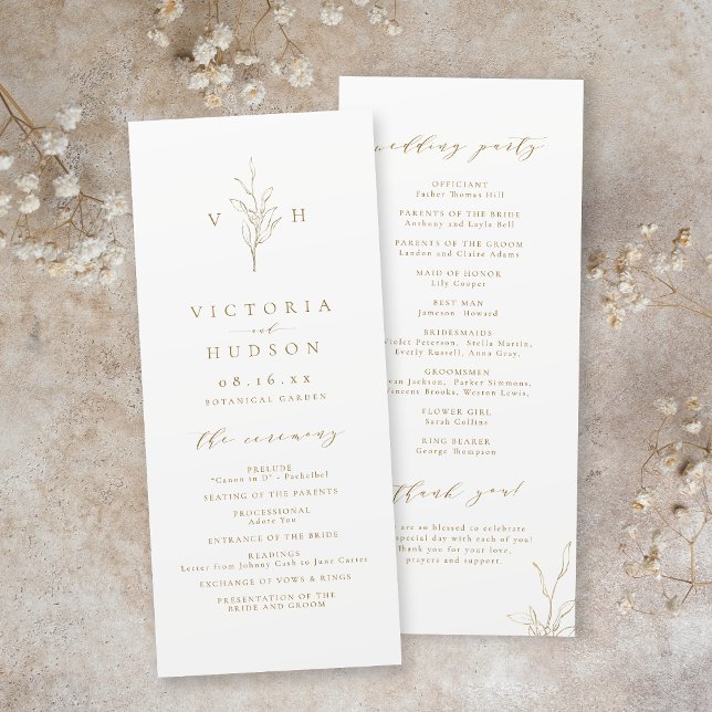 Goldene, elegante, monogramm-Hochzeit Programm (Gold simple elegant botanical monogram wedding program)