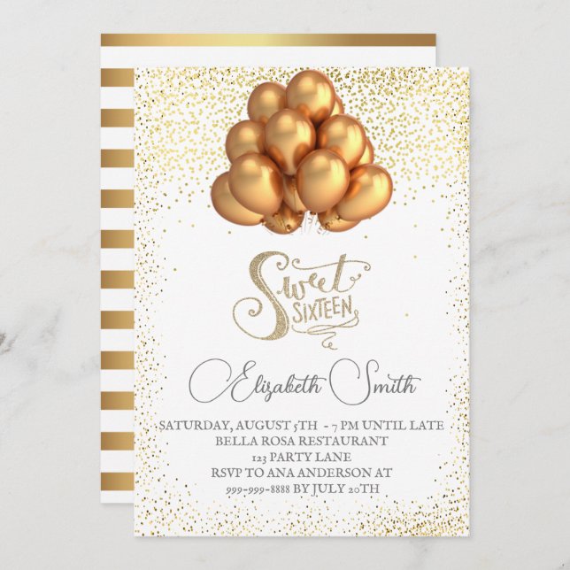 Goldene Eleganz, Einladung von 16 . Geburtstag (Vorne/Hinten)