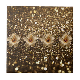 Goldene Eleganz: Goldener Hibiskus-Shimmer Fliese