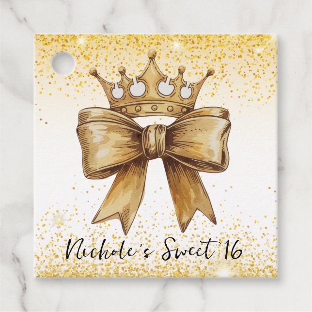 Goldene Eleganz: Sweet 16 Crown & Bow Glitzer Geschenkanhänger (Vorderseite)