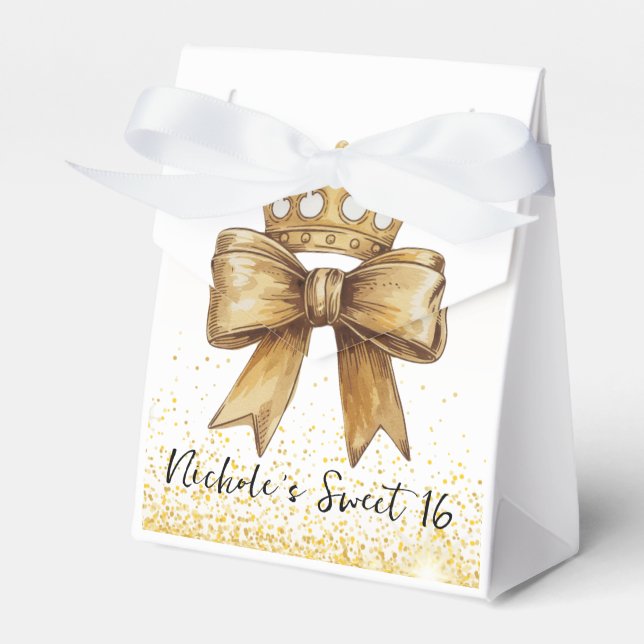 Goldene Eleganz: Sweet 16 Crown & Bow Glitzer Geschenkschachtel (Vorderseite)