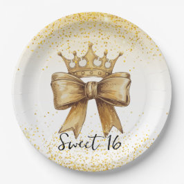 Goldene Eleganz: Sweet 16 Crown & Bow Glitzer Pappteller