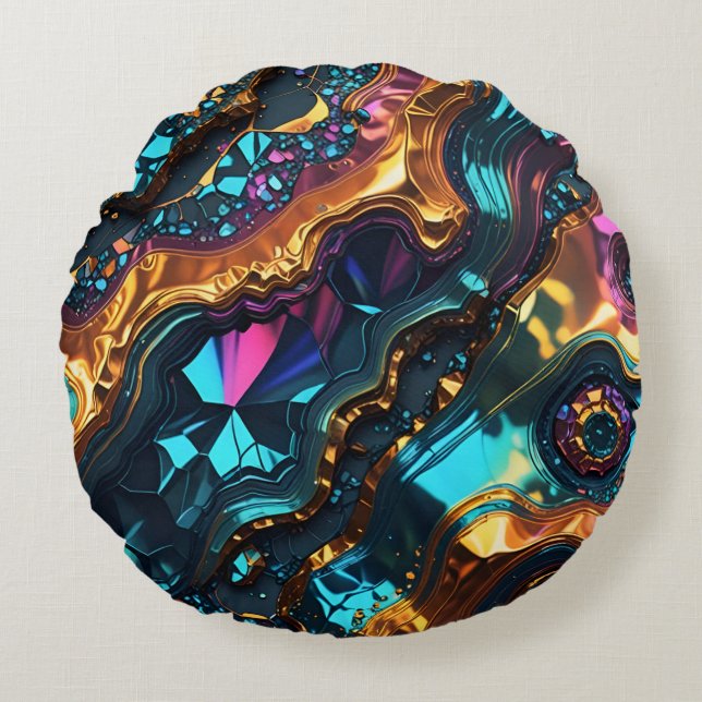 Goldene Erzvenen mit glänzenden Edelsteinen Rundes Kissen (Vorderseite)