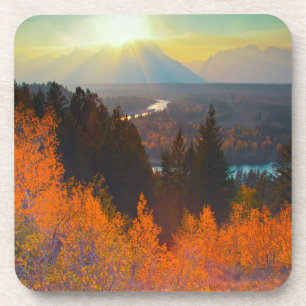 Goldene Espen oberhalb des Snake River bei Sonnenu Untersetzer