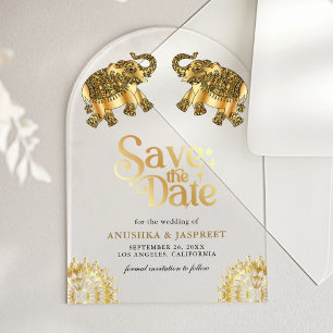 Goldene ethnische Elefanten Indische Hochzeit Term Acryleinladungen