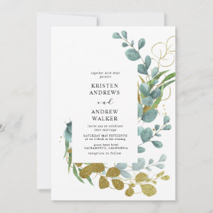 goldene Eukalyptus-Grün-Hochzeitseinladung Einladung