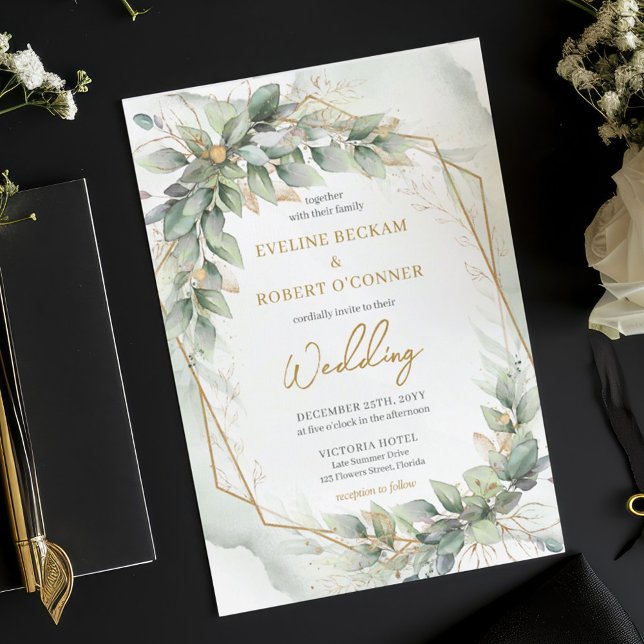 Goldene Eukalyptusgoldene Hochzeit mit opulentem A Einladung (Modern botanical greenery leaf gold frame wedding invitation digital)