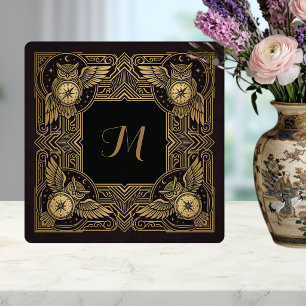 Goldene Eulen-Kompass-Monogramm Art Deco Fliese