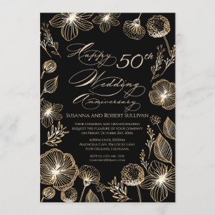 Goldene exotische Blumen 50. Hochzeitstag Einladung