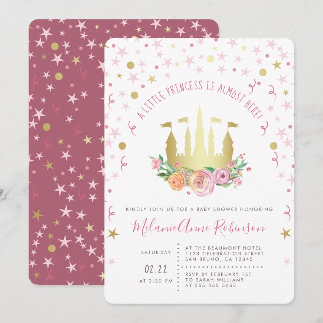 Goldene Fairy Burg Twinkle Star Kleine Prinzessin Einladung (Vorne/Hinten)