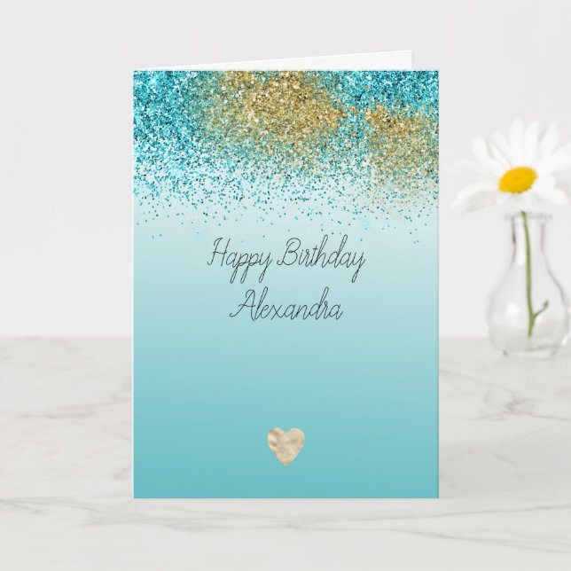 Goldene falsche Glitter-Aqua-Herz-Geburtstag Karte (Kleine Pflanze)