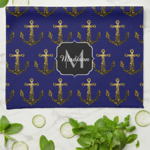 Goldene falsche Glitzer Anker Muster navy Monogram Geschirrtuch