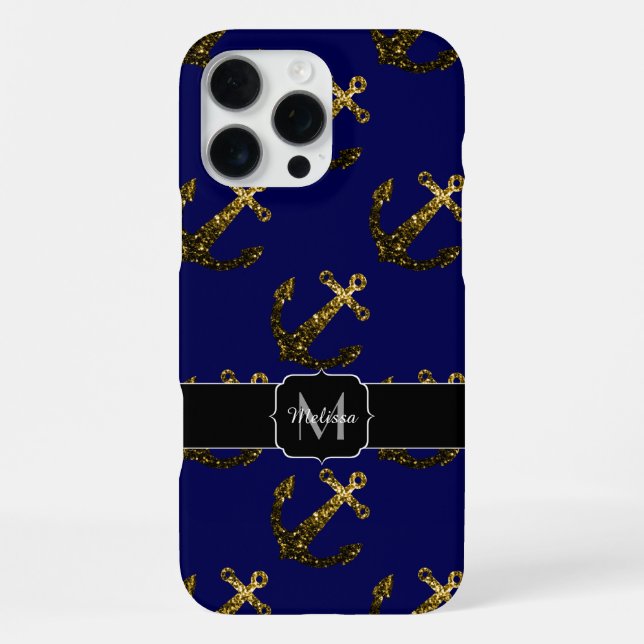 Goldene falsche Glitzer Anker Muster navy Monogram iPhone Hülle (Rückseite)