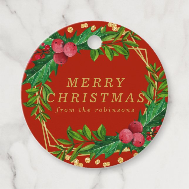 Goldene Familie Frohe Weihnachten Holly Glitzer Geschenkanhänger (Vorderseite)