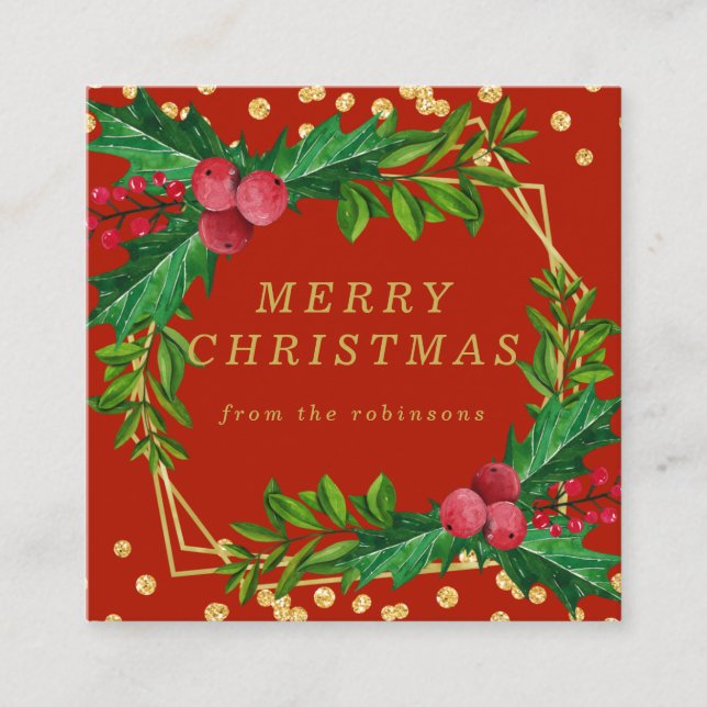 Goldene Familie Frohe Weihnachten Holly Glitzer Quadratische Visitenkarte (Vorderseite)