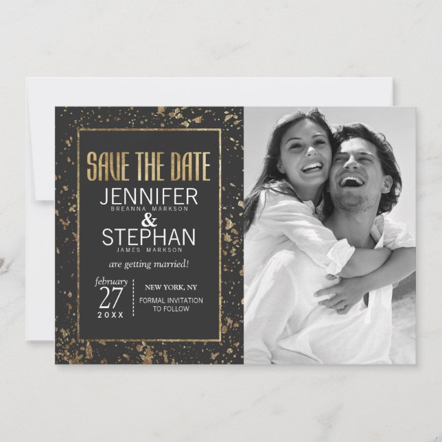 Goldene Farbspritzer Save the Dates Date (Vorderseite)