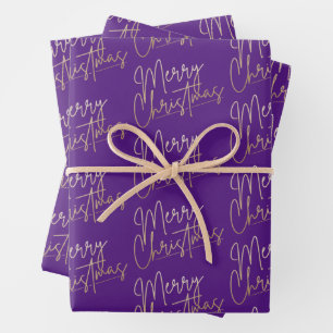 Goldene Faux-Folie Frohe Weihnachten auf Lila Geschenkpapier Set