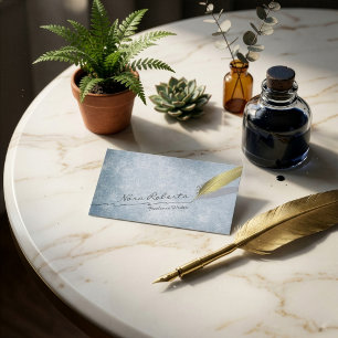 Goldene Federkiel Feder Handgezeichnete Linie Blau Visitenkarte
