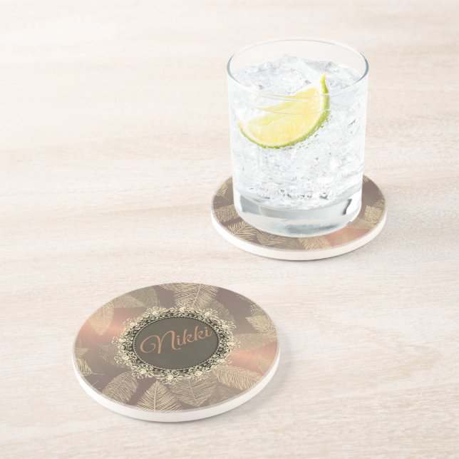 Goldene Federn auf Gold-Rose Personalisiert Getränkeuntersetzer (Seite)