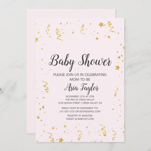 Goldene Feier auf der Pink Calligraphy Baby Dusche Einladung (Vorne/Hinten)