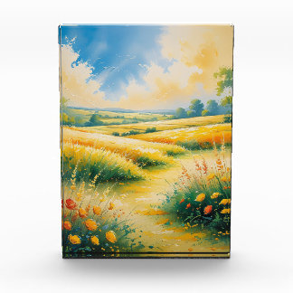 Goldene Felder unter einem lebendigen Himmel Fotoblock