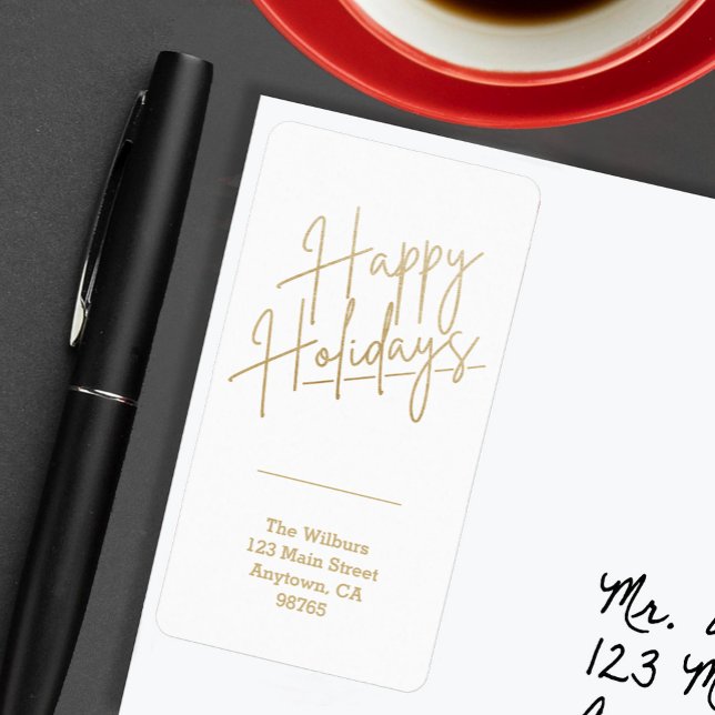 Goldene Festtags-Rücksendeadresse Adressaufkleber (Gold script Happy Holidays on white vertical return address labels)