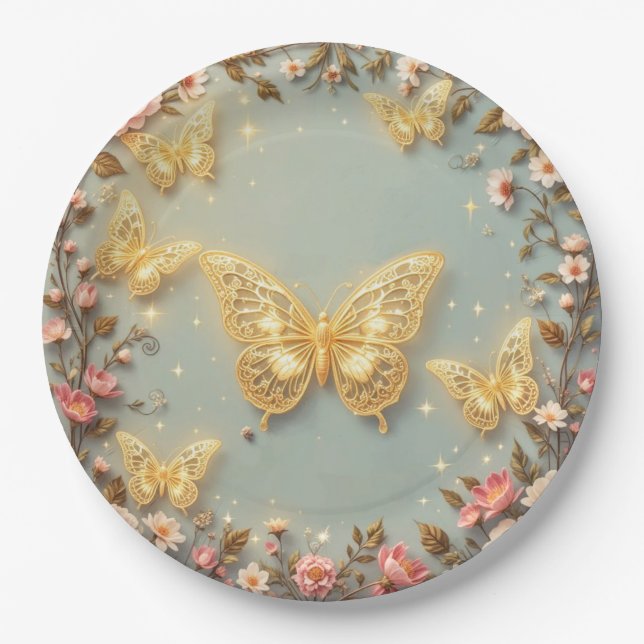 Goldene Filigran-Schmetterlinge mit Blumendekor Pappteller (Vorderseite)