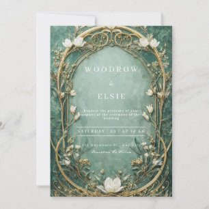 Goldene Filigran-Seegrün Art Nouveau Hochzeit Einladung