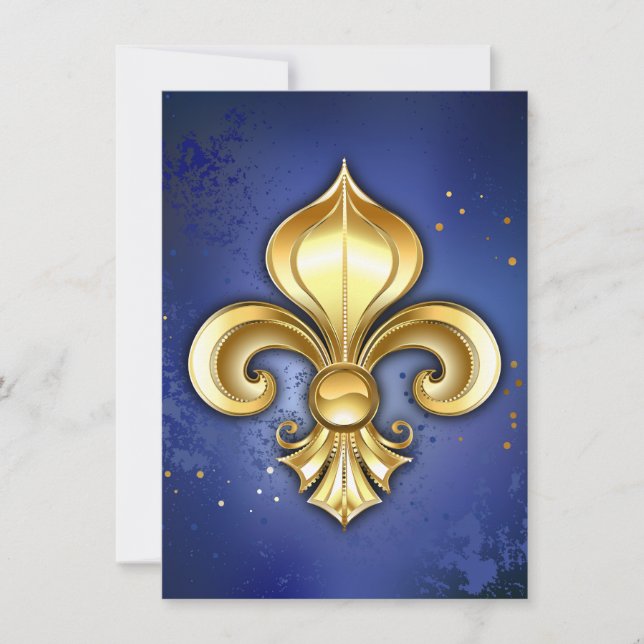 Goldene Fleur de Lis auf Blau Einladung (Vorderseite)