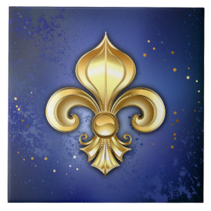 Goldene Fleur de Lis auf Blau Fliese
