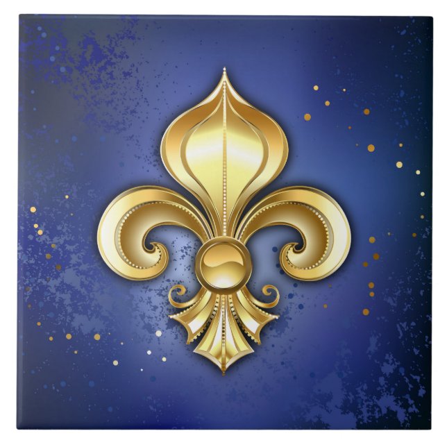 Goldene Fleur de Lis auf Blau Fliese (Vorderseite)