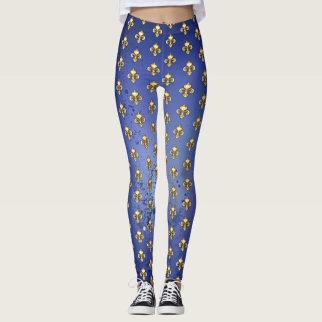 Goldene Fleur de Lis auf Blau Leggings (Vorderseite)