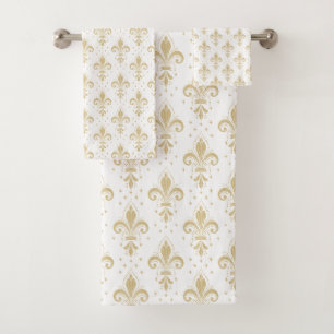 Goldene Fleur-de-Lis-Nahtlosmuster auf Weiß Badhandtuch Set